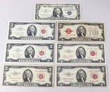 6 $2 Red Seal Notes; 1928G, 2 1953, 1953C, 2 1963 $ 1957A $1 Silver Certificate