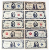 1934D $5 Silver Certificate, 6 $2 Red Seal Notes(2 1928G,3 1953,1953C) &
