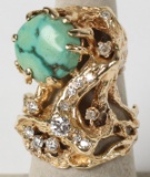 14K? Gold Ring w/ Turquoise Like Stone and Diamonds, Sz. 6.5,