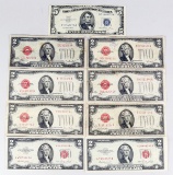 1953 $5 Blue Seal Silver Certificate, 8 $2 Red Seal notes; 1928C,1928D,1928F,3 1928G,2 1953