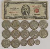 1953A $2 Red Seal Note, 12 JFK Half Dollars (1965-1969) &