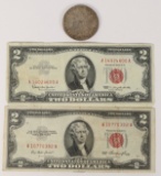 1886P Morgan Silver Dollar, 2 $2 Red Seal Notes (1953 & 1963)