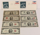 3 1976 $2 Federal Reserve notes with US stamp, &