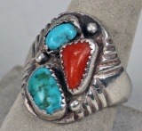 Silver Colored Ring w/Turquoise Colored Stones; Sz. 8.5