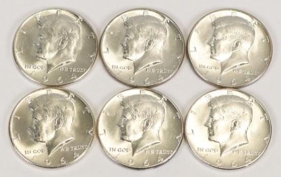 6 1964-P Kennedy Half Dollars (90% Silver)