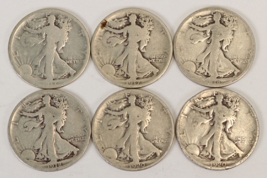 6 Walking Liberty Half Dollars; 2-1917-P,2-1918-S,2-1920-P