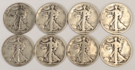 8 Walking Liberty Half Dollars; 2-1933-S,2-1934-D,2-1935-P,2-1936-P