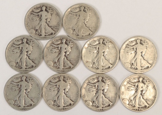10 Walking Liberty Half Dollars; 2-1917-P,1920-P,1920-S,2-1933-D,2-1934-P,1935-P,1935-D