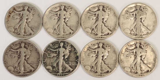 8 Walking Liberty Half Dollars; 2-1927-S,2-1933-S,2-1934-P,2-1935-D