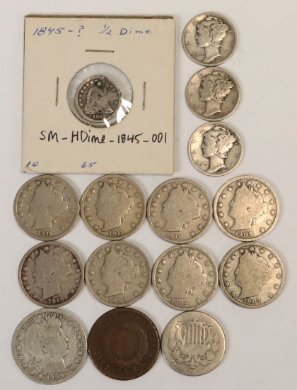 1909-D Barber Quarter, 6 V Nickels, US Shield 5 Cent, 3 Mercury Dimes &