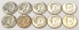 10 Kennedy Half Dollars (90% Silver), 5-1964P,5-1964D