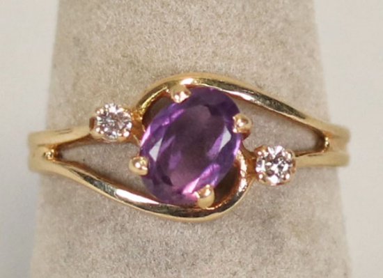 14k Ladies Ring w/ Purple Stone - Diamond Accents, Sz. 6.5