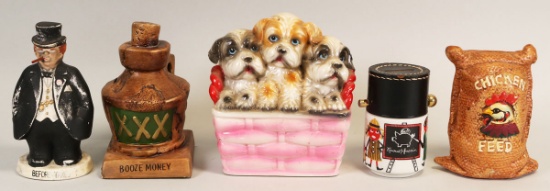 5 Vintage Coin Banks; Beer/Booze Money, Basket of Dogs, Chicken Feed,  Etc