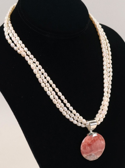 3 Strand Pearl Necklace w/Coral Colored Pendant