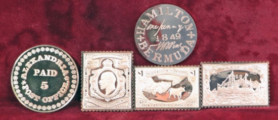 5 Sterling Silver Ingot Postage Stamp Proofs, 73.5 Grams