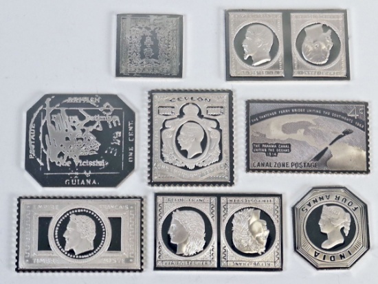 8 Sterling Silver Ingot Postage Stamp Proofs, 111.8 Grams