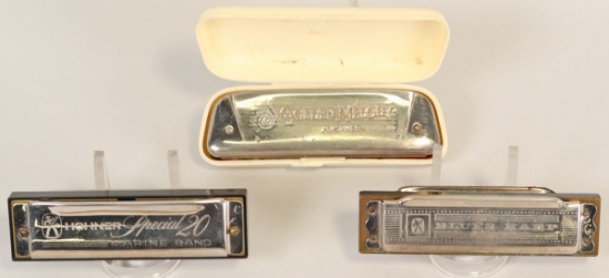 3 M. Hohner Harmonicas; Golden Melody, Blues Harp & Special 20 Marine Band