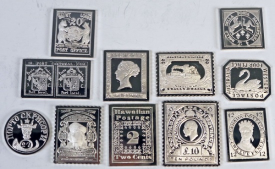 11 Sterling Silver Ingot Postage Stamp Proofs, 105.8 Grams