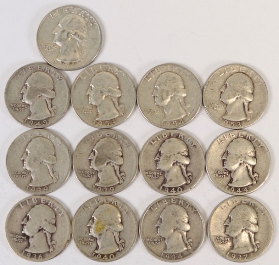 13 Washington Silver Quarters; Various Dates/Mints