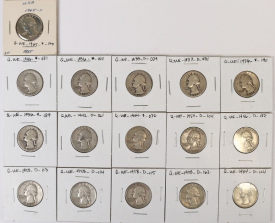16 Washington Silver Quarters; Various Dates/Mints & 1 - 1965 Washington Quarter