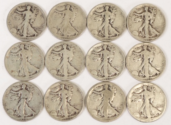 12 Walking Liberty Silver Half Dollars; All 1942 & Various Mints