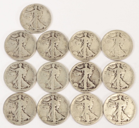 13 Walking Liberty Silver Half Dollars; All 1942 & Various Mints