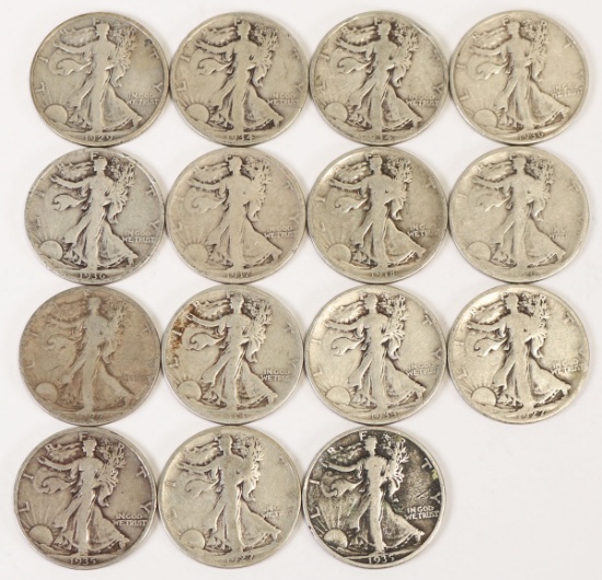 15 Walking Liberty Silver Half Dollars; All 1942 & Various Mints
