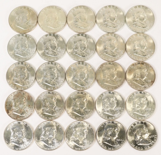 25 Franklin Silver Half Dollars; Various Dates/Mints