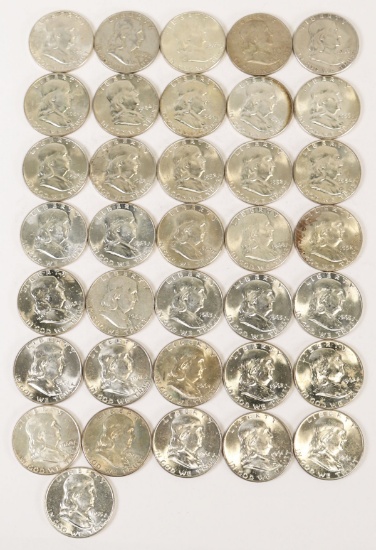 36 Franklin Silver Half Dollars; Various Dates/Mints