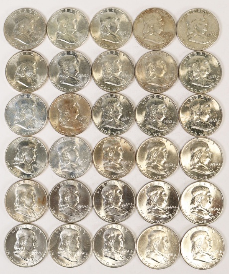 30 Franklin Silver Half Dollars; Various Dates/Mints