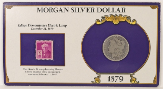 1879-S Morgan Silver Dollar w/Edison Stamp