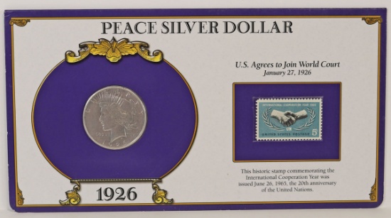 1926-S Peace Silver Dollar w/Int'l Cooperation Stamp
