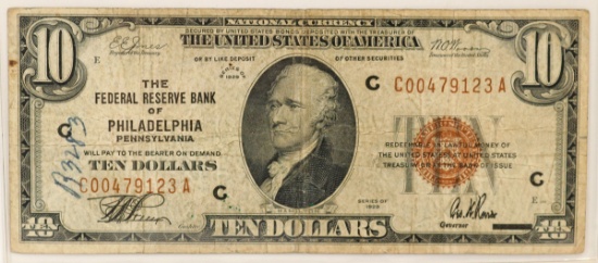 1929  $10 Brown Seal Federal Reserve Bank of Philadelphia Bank Note