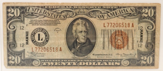 1934A $20 Brown Seal Hawaii Federal Reserve Note