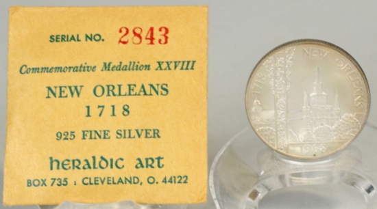 Heraldic Art .925 Fine Silver New Orleans, 1968, Commemorative Medallion