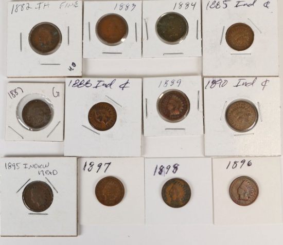 12 Indian Head Pennies; Various Dates From 1882-1896