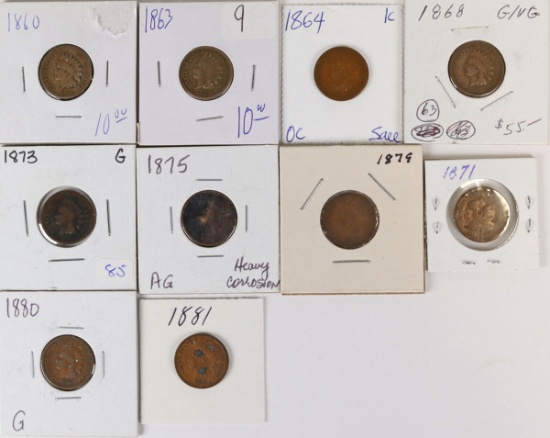 10 Indian Head Pennies; Various Dates From 1860-1881