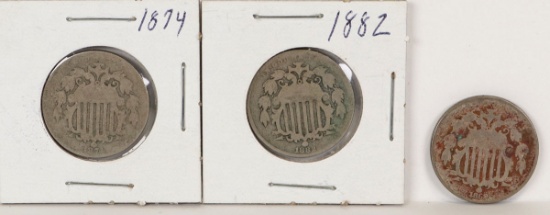 3 Shield Nickel Five Cent Pieces; 1869, 1874 & 1882