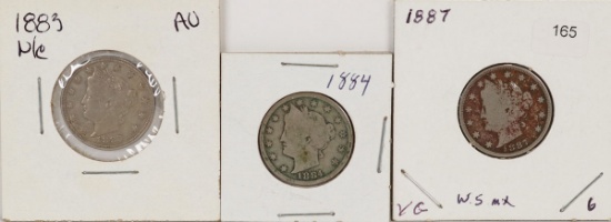 3 V Nickels; 1883 No Cents, 1884 & 1887
