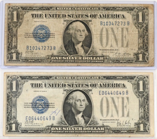 1928A & 1928B $1 Blue Seal Silver Certificate Notes, Funny Backs