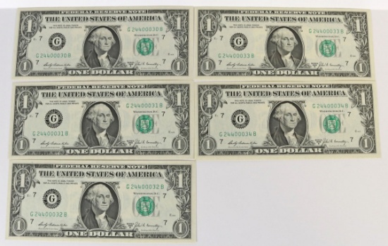 5 - 1969B $1 Consecutive Numbers Federal Reserve Notes