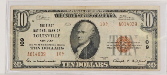 1929 $10 Brown Seal Federal Reserve Bank Of Louisville Bank Note
