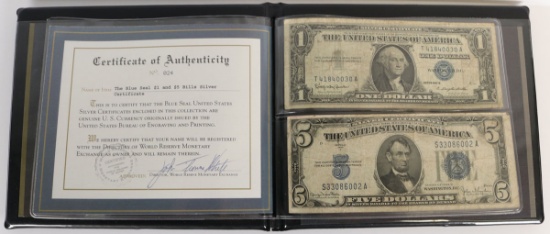 2 Blue Seal Silver Certificate Notes; $1 1957B & $5 1934D