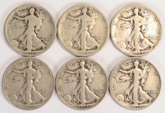 6 Walking Liberty Silver Half Dollars