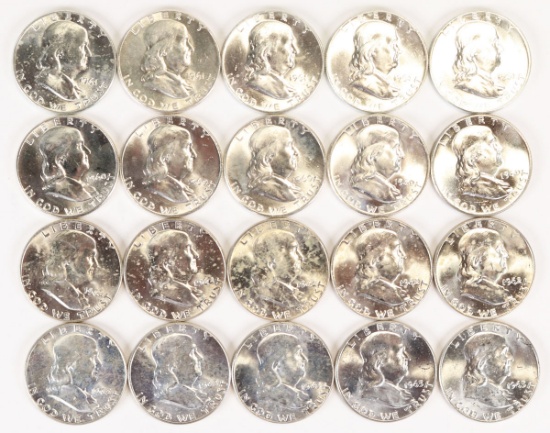 20 Franklin Silver Half Dollars, Various Dates/Mints