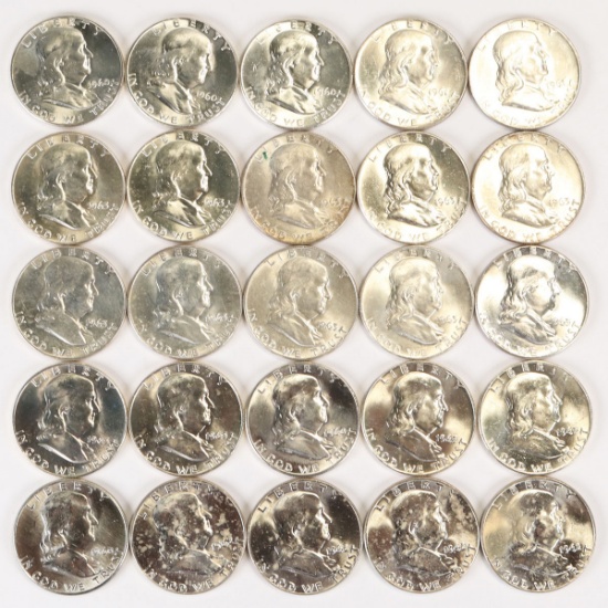 25 Franklin Silver Half Dollars, Various Dates/Mints