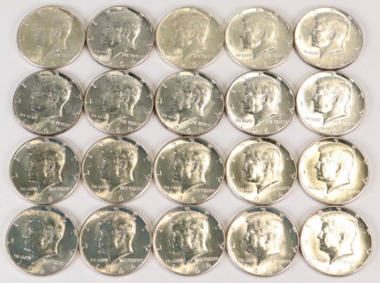 20 1964 Kennedy 90% Silver Half Dollars; 10-1964P, 10-1964D
