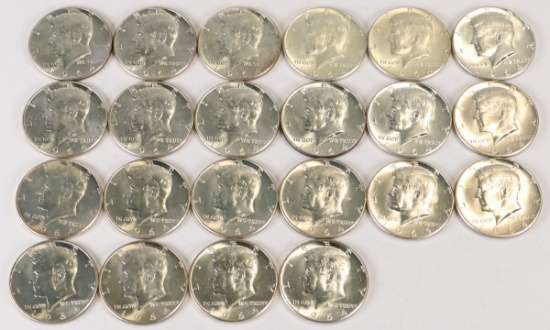 22 1964 Kennedy 90% Silver Half Dollars; 11-1964P, 11-1964D