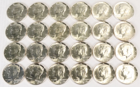 24 1964 Kennedy 90% Silver Half Dollars; 12-1964P, 12-1964D