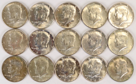 15 Kennedy 40% Silver Half Dollars; Various Dates/Mints